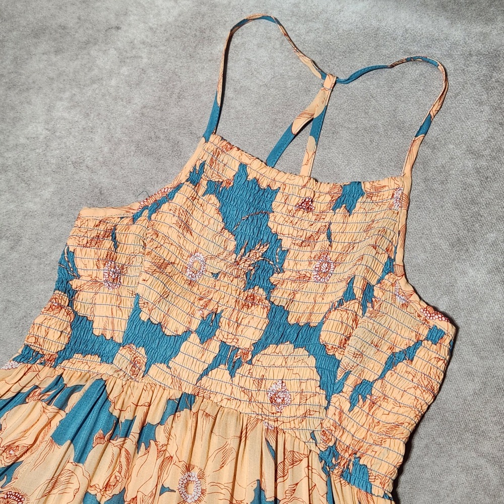 Intimately Free People Peach Teal Floral Smocked High Low Maxi Dress Small